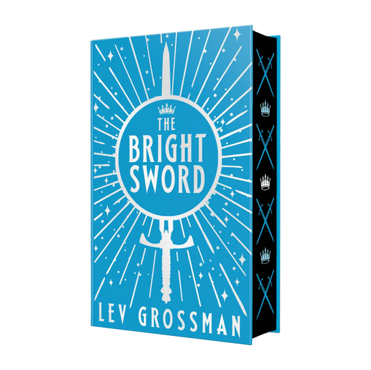 The Bright Sword by Lev Grossman is a captivating fantasy book featuring a striking blue cover with a prominent sword and crown design.