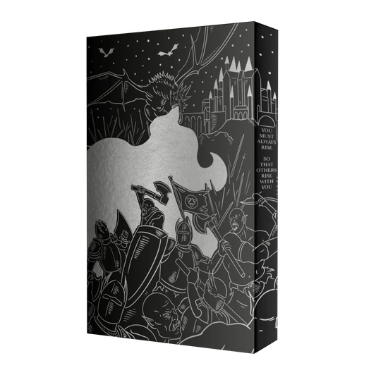 The bright cover of the comic book depicts a silver dragon, a medieval battle with knights, and a motivational quote: ‘You must always rise so that others may rise with you.’