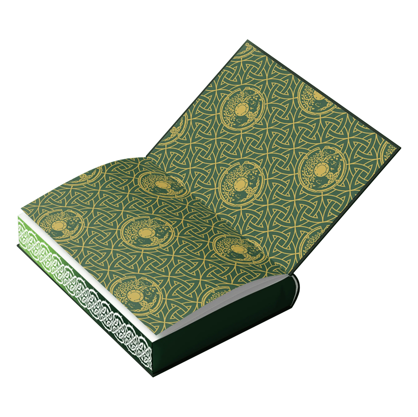 An ornate book with intricate green and gold patterns on its open pages lies against a black background.