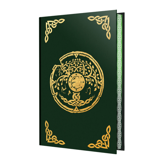 A detailed and ornate dark green book cover featuring golden Celtic patterns and intricate designs.