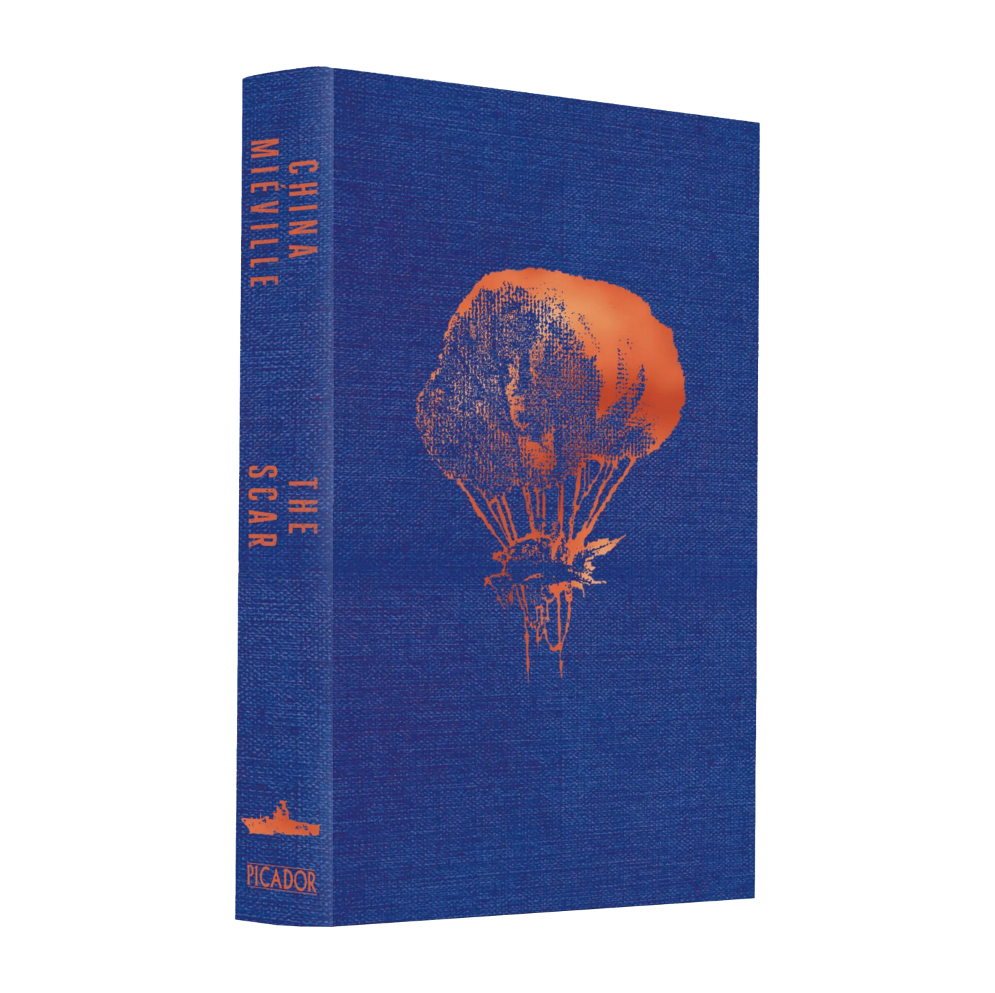 The book cover of "The Scar" by China Miéville, featuring a striking blue and orange design with the author's name and title displayed prominently.