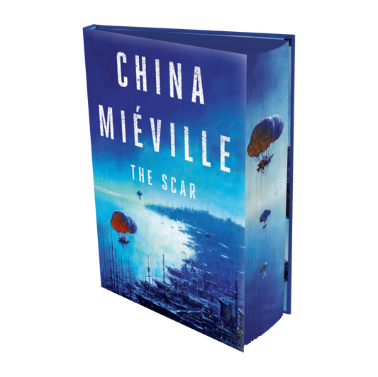 Book cover of "The Scar" by China Miéville, featuring an atmospheric blue scene with airships over a coastal city.