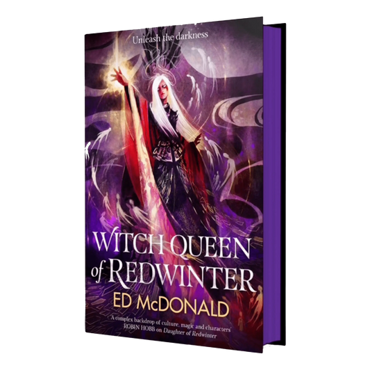 The book cover for "Witch Queen of Redwinter" by Ed McDonald showcases an intricate, mystical artwork with the tagline "Unleash the darkness," highlighting its fantasy genre appeal.
