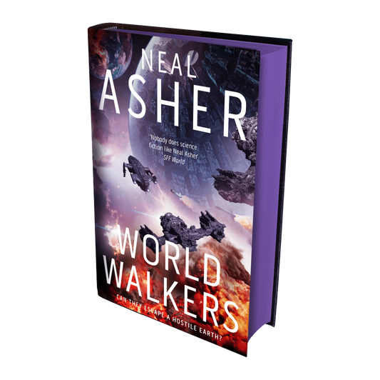 "World Walkers" by Neal Asher is a science fiction book with a space-themed cover featuring spaceships and planets.