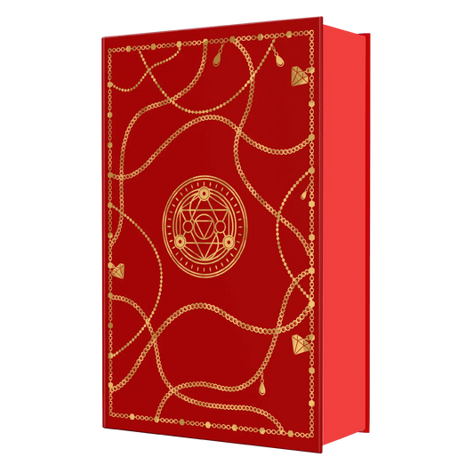 "Alchemy and a Cup of Tea" by Rebecca Thorne is a cozy fantasy novel infused with intrigue, featuring an eye-catching red cover adorned with gold accents, mystical symbols, and flying bats.