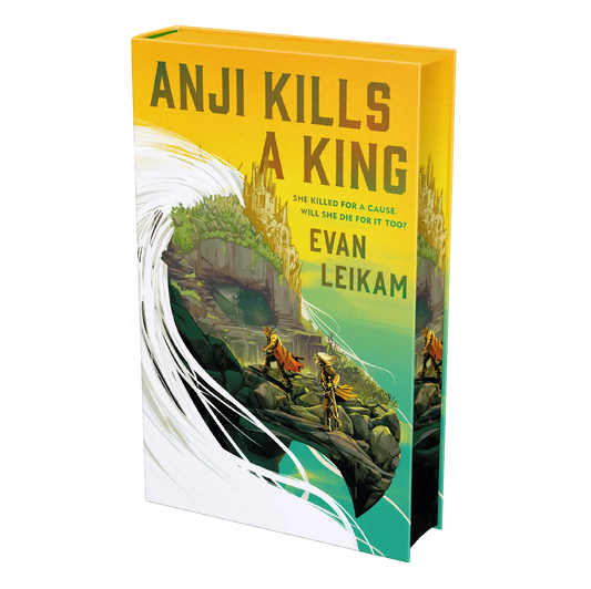 "Anji Kills a King by Evan Leikam is a captivating book featuring a dramatic cover with two characters on a rocky ledge under a vibrant sky."