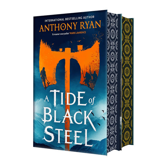 "A Tide of Black Steel" by Anthony Ryan featuring a striking orange axe and silhouettes on a dramatic blue background.