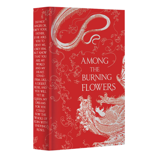 "Among the Burning Flowers" by Samantha Shannon features a vivid dragon-themed fantasy cover with bold colors and intricate floral designs.
