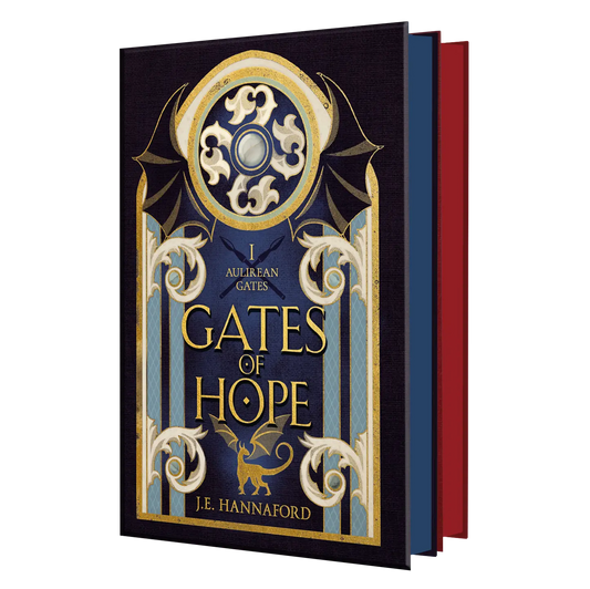 "Gates of Hope" by J.E. Hannaford, featuring ornate gold and blue design elements and a mythical creature motif.