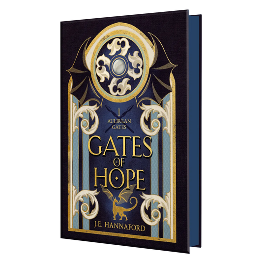 "Gates of Hope" by J.E. Hannaford, featuring ornate gold and blue design elements and a mythical creature motif.