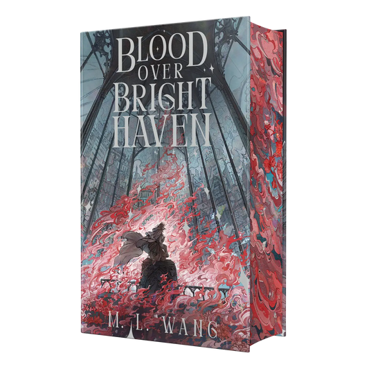 "Blood Over Bright Haven" by M.L. Wang features an intricate cover design with swirling red and pink hues surrounding a mysterious figure inside a cathedral-like structure.
