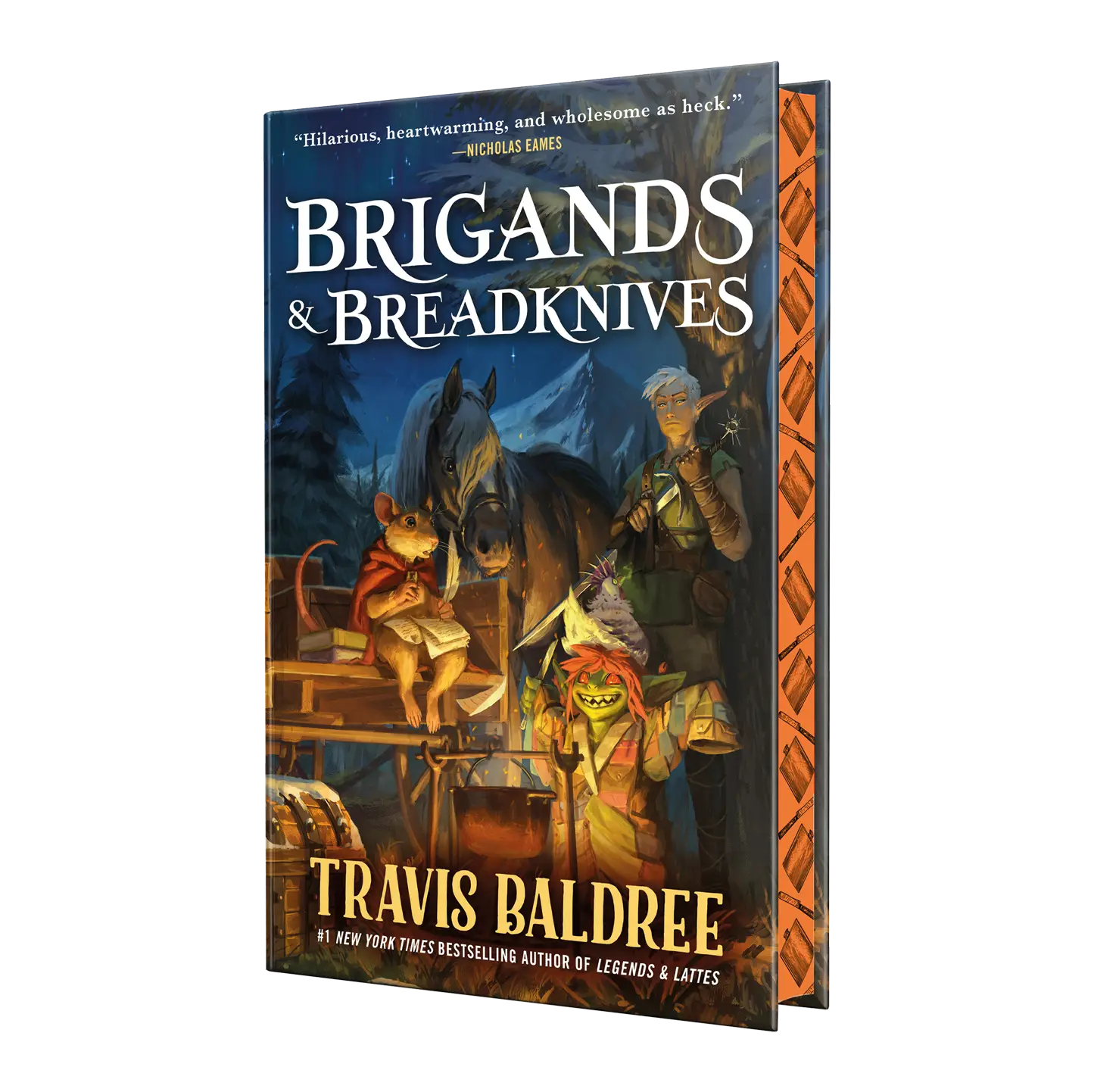 The book cover for "Brigands & Breadknives" by Travis Baldree features a whimsical illustration of fantasy characters, including a mouse, a horse, and an elf-like figure, set in a cozy, campfire scene with a warm and adventurous ambiance.