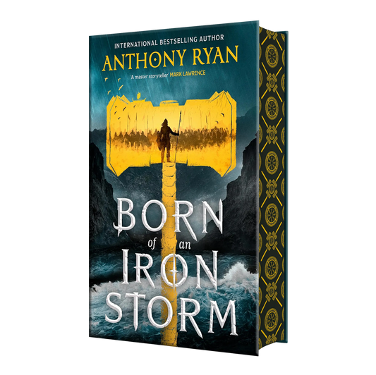 "Born of an Iron Storm" by Anthony Ryan features a striking cover with a warrior silhouette against a mountainous and stormy sea backdrop, highlighting its fantasy elements.