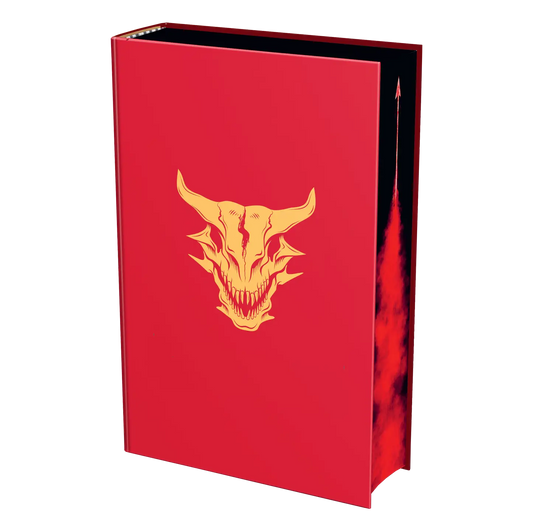 A red book with a yellow demonic skull design on the cover, partially open to reveal dark red and black inside cover art.