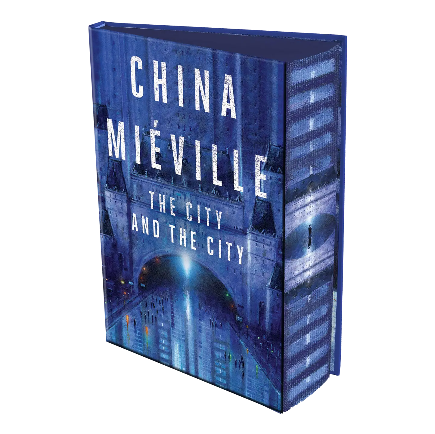 "The City & The City" by China Miéville, featuring a blue-toned illustration of an archway with city buildings.