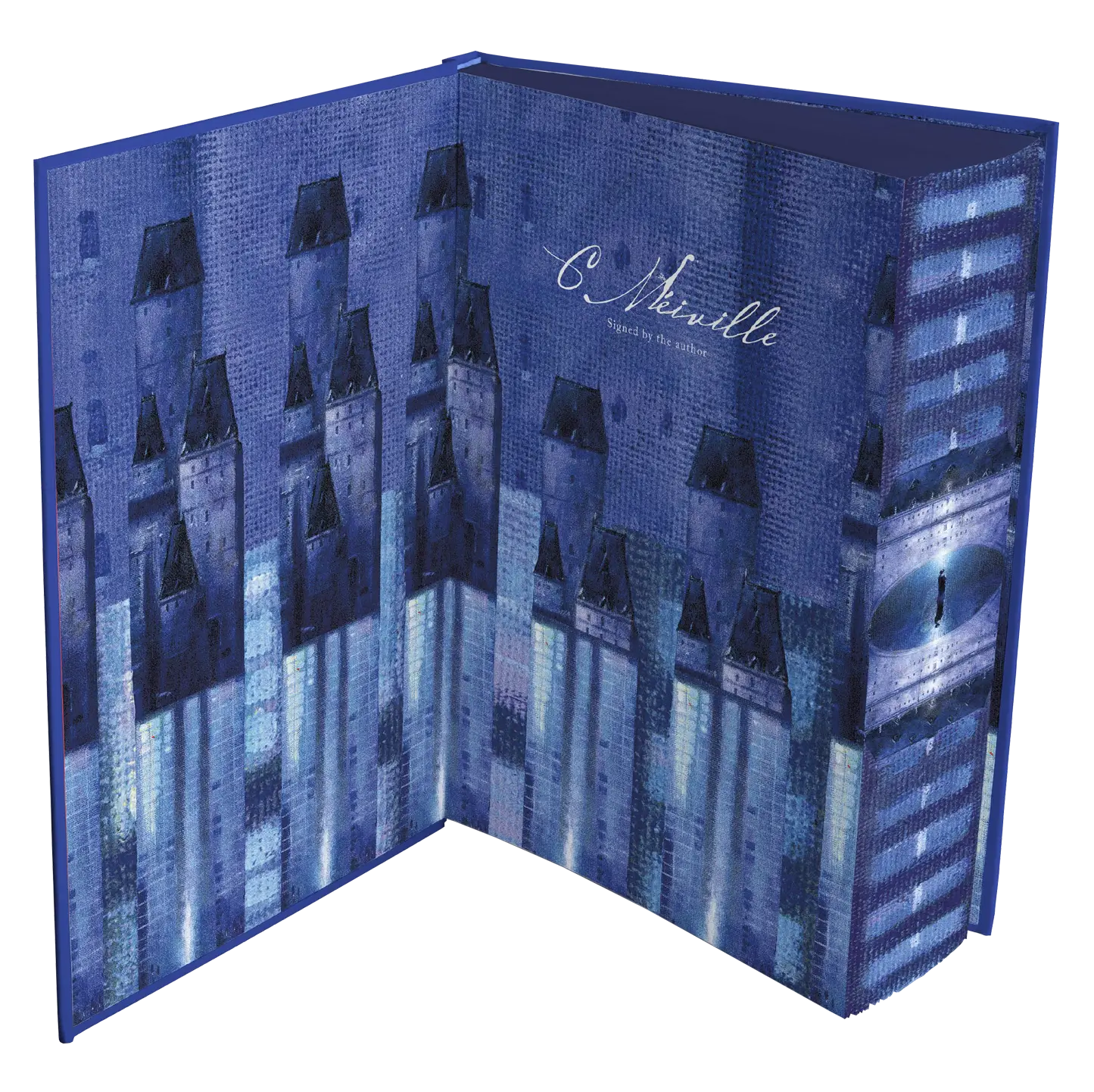 An intricately designed book cover with blue-toned architectural illustrations and a signature by the author.