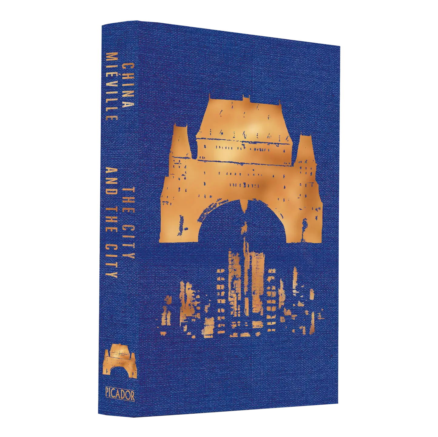 "The City & The City" by China Miéville features a striking blue cover with golden architectural design elements.