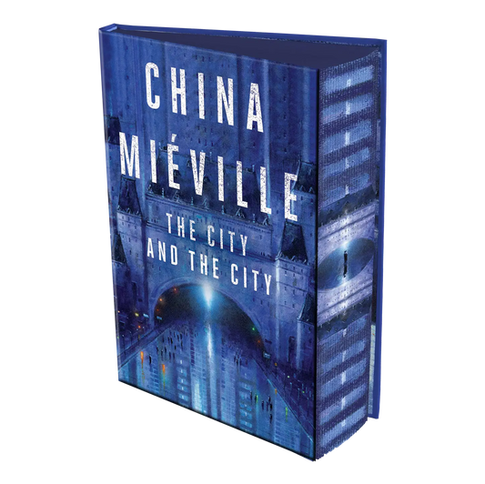 The cover of the book "The City and the City" by China Miéville featuring a blue-toned, architectural design.