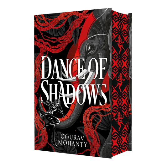 "Dance of Shadows" by Gourav Mohanty features a striking book cover with bold red and black illustrations, including an elephant and dynamic figures.