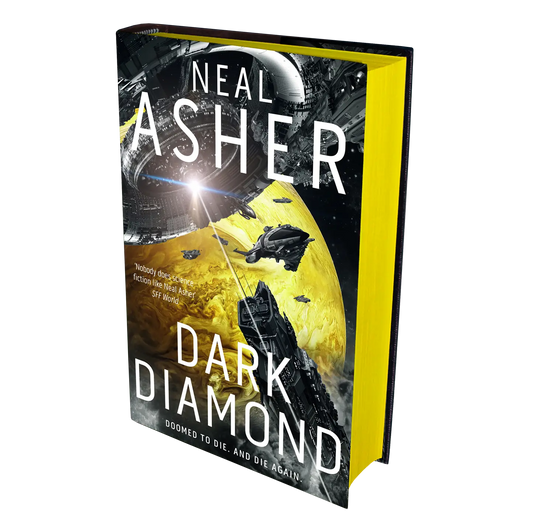 "Dark Diamond" by Neal Asher, featuring a dramatic space scene with spaceships and celestial bodies, accompanied by a quote praising Asher's science fiction.