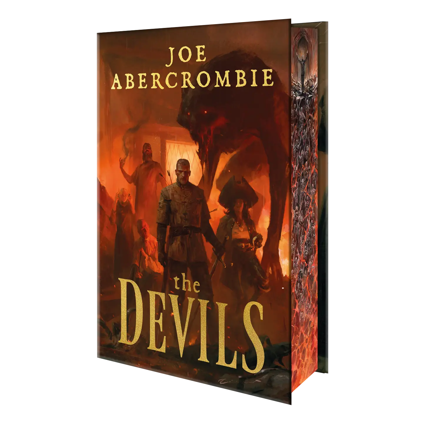 Cover art for Joe Abercrombie's book "The Devils," featuring a dark, fiery scene with ominous figures and a menacing creature.