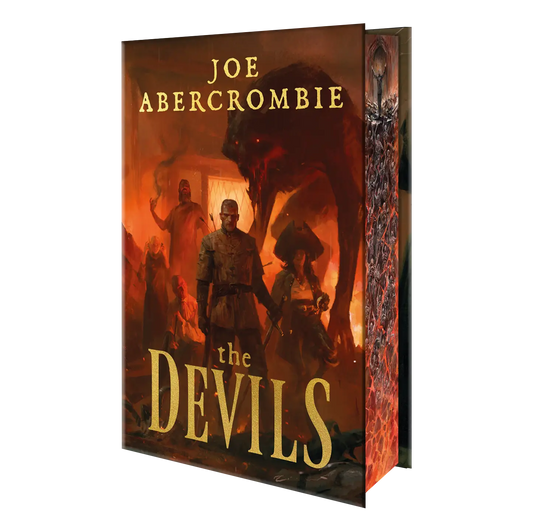 Cover art for Joe Abercrombie's book "The Devils," featuring a dark, fiery scene with ominous figures and a menacing creature.