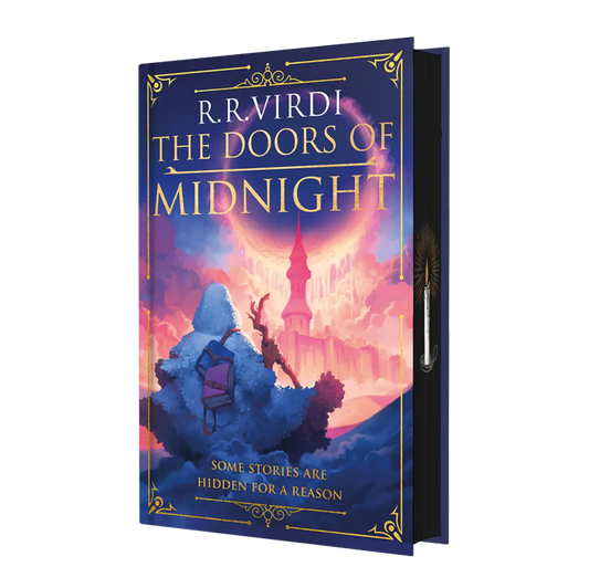 Captivating book cover for "The Doors of Midnight" by R.R. Virdi with vibrant colors and an intriguing fantasy setting.