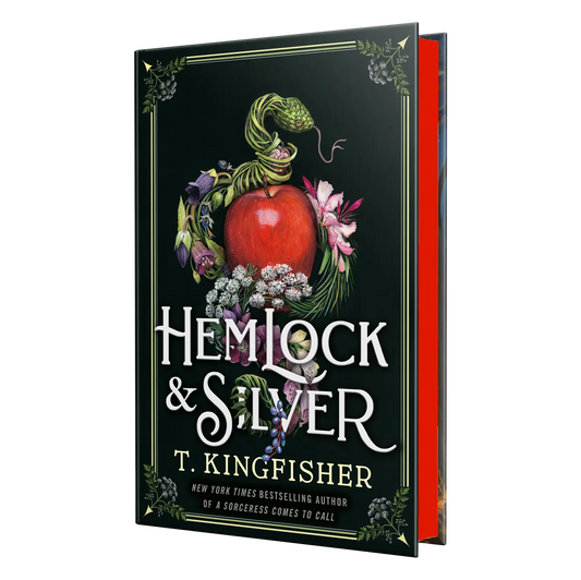 The enchanting cover of "Hemlock & Silver" by T. Kingfisher, featuring an intricate design with a red apple and floral elements.