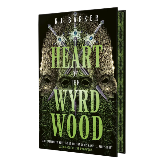 "Heart of the Wyrd Wood" by RJ Barker is a captivating fantasy novel featuring an intriguing cover design with mystical elements.