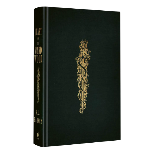 "Heart of the Wyrd Wood" is a book by R.J. Barker featuring a dark cover with ornate gold design elements.