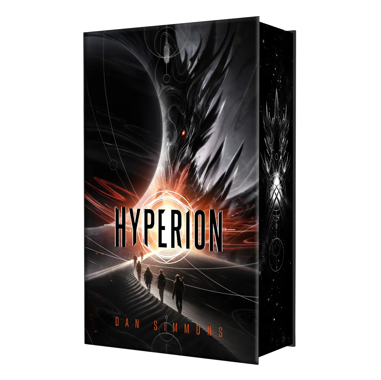 "Hyperion" by Dan Simmons features a striking book cover with futuristic imagery and silhouettes walking towards a bright focal point.