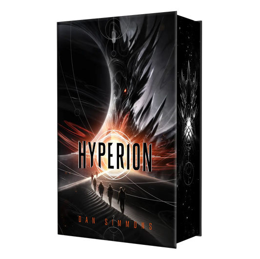 "Hyperion" by Dan Simmons features a striking book cover with futuristic imagery and silhouettes walking towards a bright focal point.