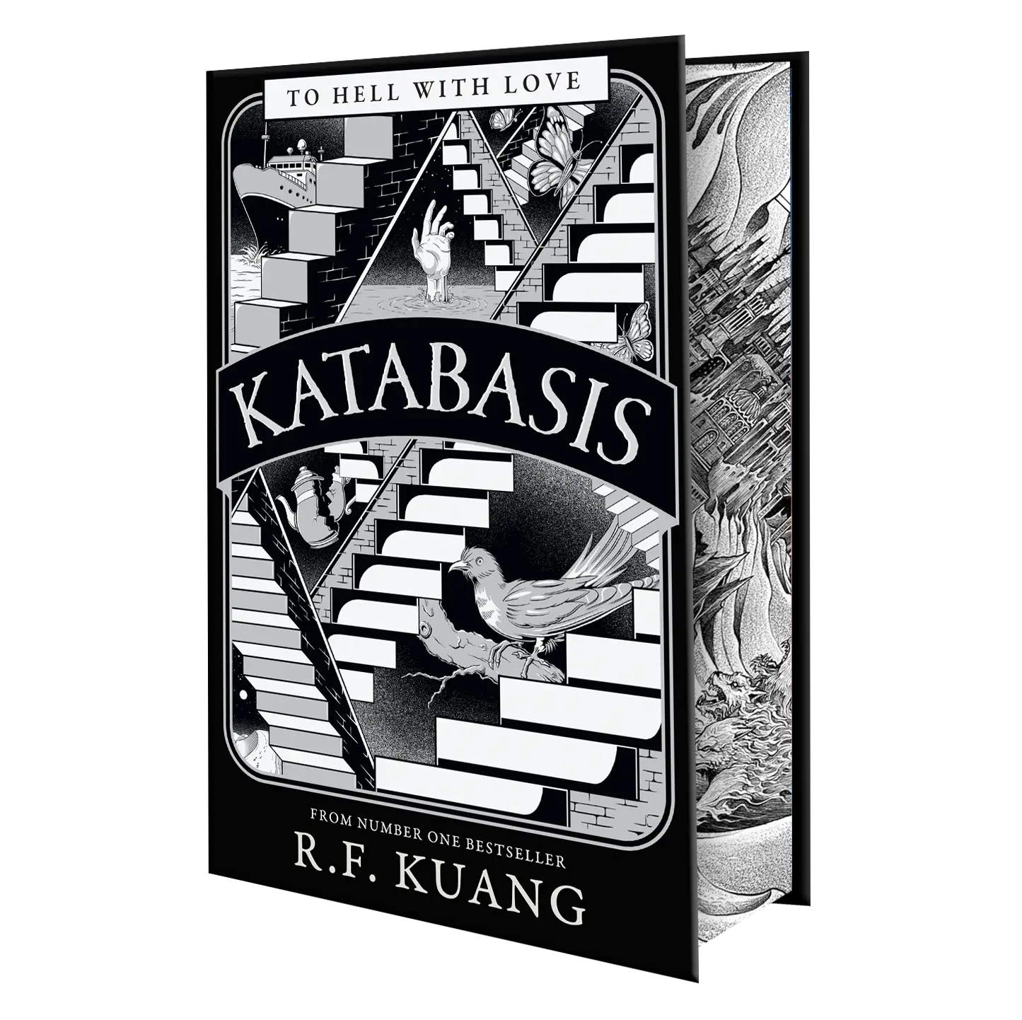 Katabasis by R.F. Kuang features an intricate black-and-white cover design with geometric staircases, a bird, and surreal elements.