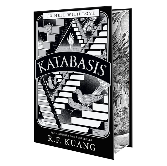 Katabasis by R.F. Kuang features an intricate black-and-white cover design with geometric staircases, a bird, and surreal elements.