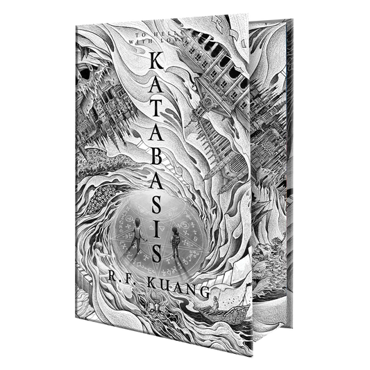 "Katabasis" by R.F. Kuang, featuring a captivating black and white cover design with swirling abstract and architectural elements.
