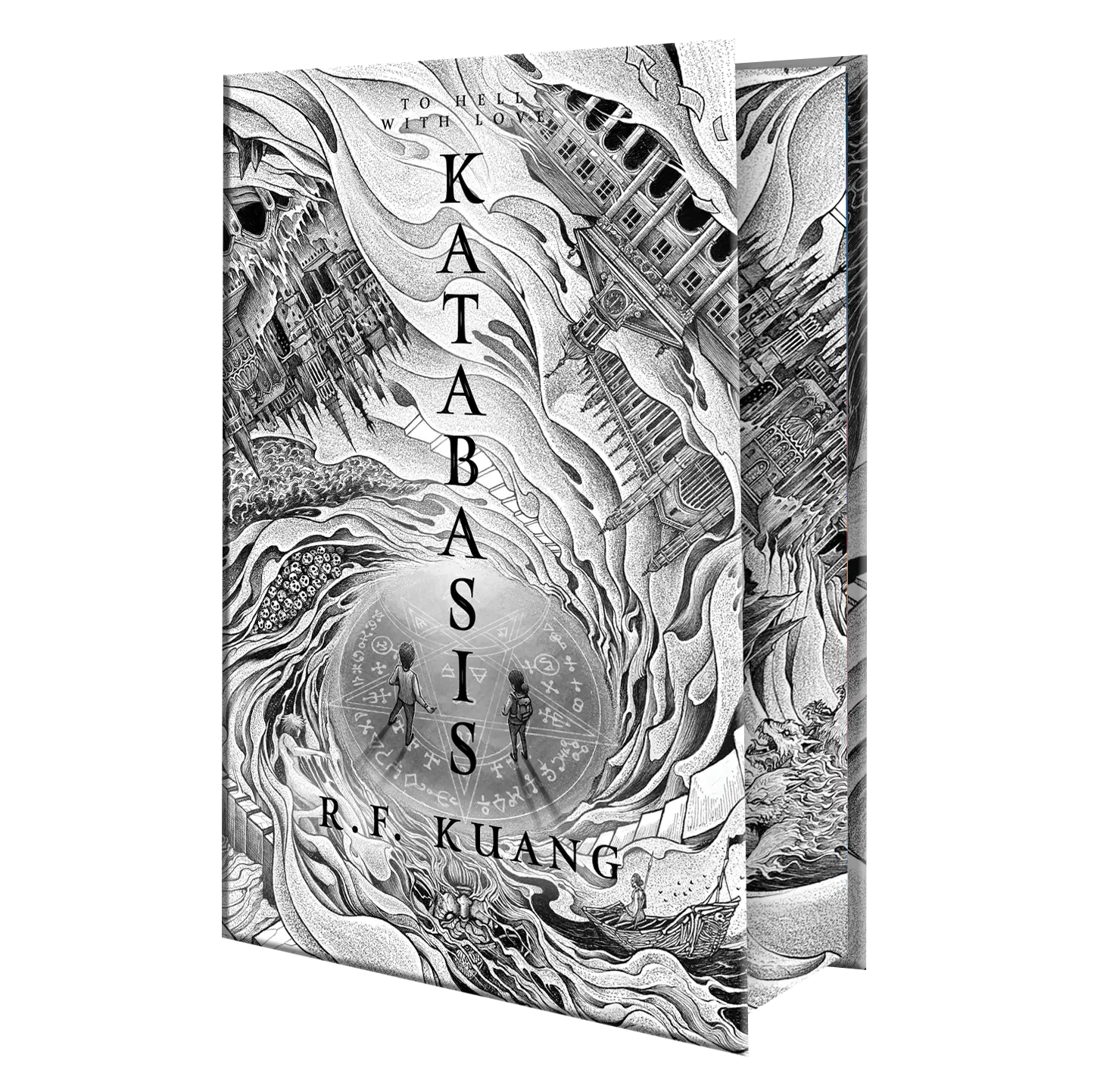 "Katabasis" by R.F. Kuang, featuring a captivating black and white cover design with swirling abstract and architectural elements.