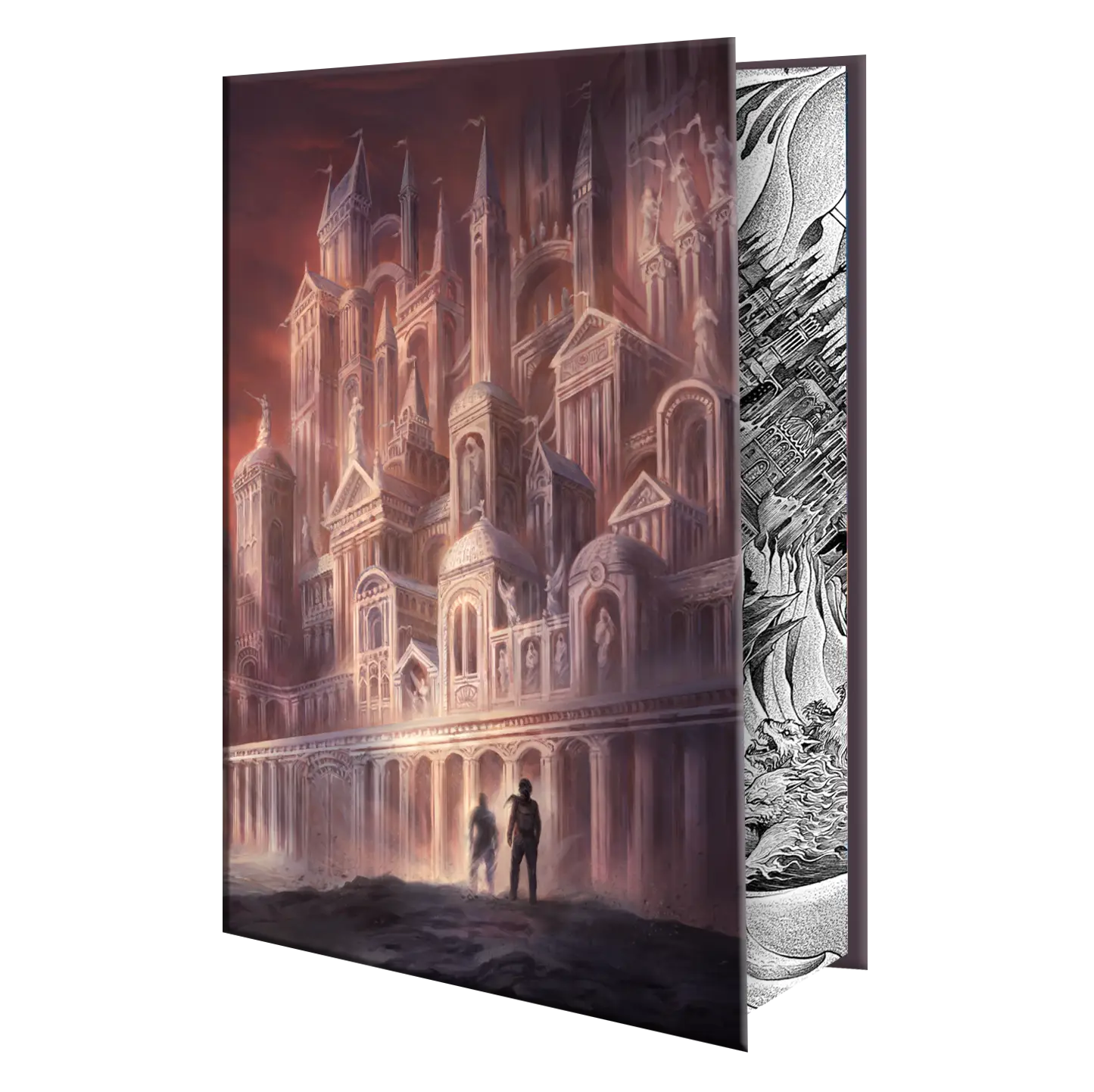 A dramatic fantasy book cover featuring towering gothic architecture against a dark, fiery sky with two shadowy figures standing in front.