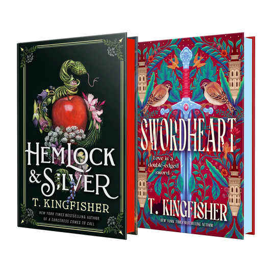The enchanting fantasy novels "Hemlock & Silver" and "Swordheart" by bestselling author T. Kingfisher, known for their captivating covers and immersive storytelling.
