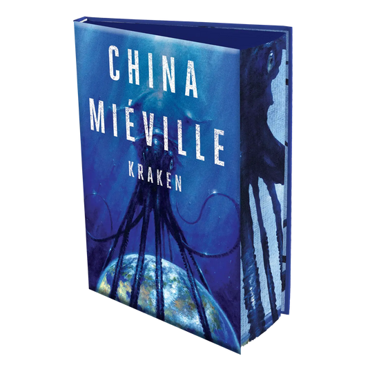 "Kraken" by China Miéville is a dark fantasy novel featuring a stunning cover with an illustration of a giant squid encircling the earth against a deep blue background.