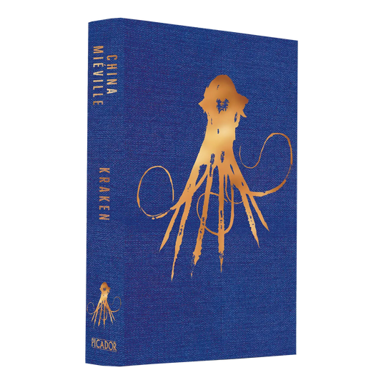 "Kraken" by China Miéville features a striking blue cover with a gold octopus design.