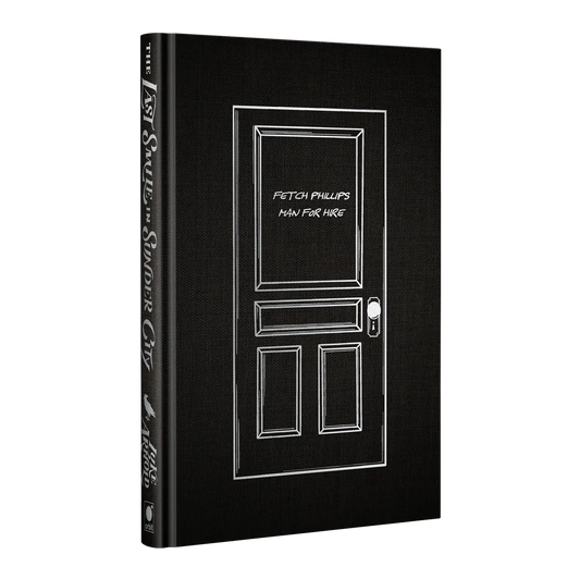The cover of "The Last Smile in Sunder City" features a minimalist design with a door illustration labeled "Fetch Phillips: Man for Hire."
