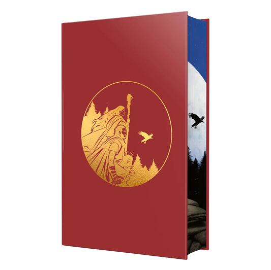 A beautifully designed red book cover with a golden embossed illustration of a robed figure and a raven against a forest backdrop.