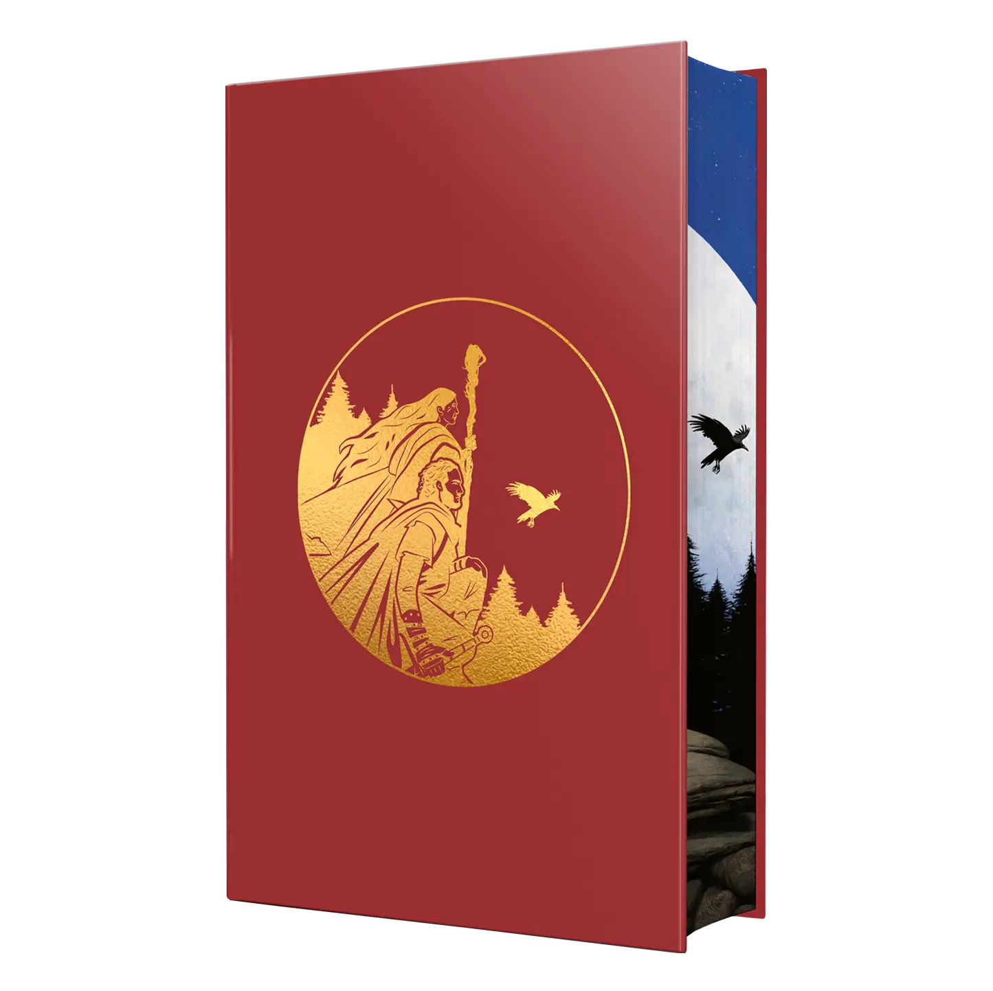A beautifully designed red book cover with a golden embossed illustration of a robed figure and a raven against a forest backdrop.