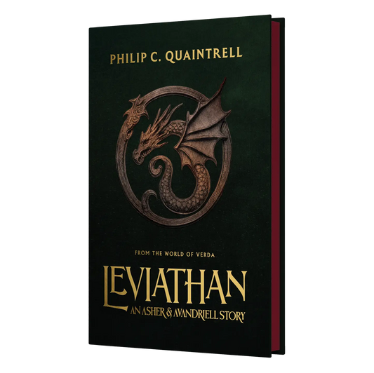 The book "Leviathan: An Asher & Avariell Story" by Philip C. Quaintrell, featuring a dragon emblem on a dark green background.