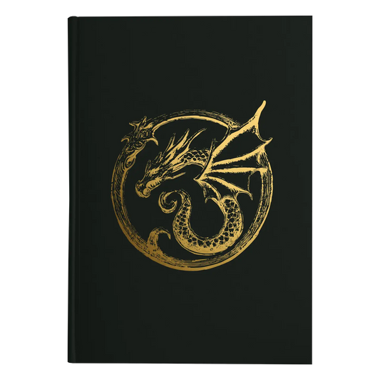 A black book cover features a gold embossed circular dragon emblem in an intricate design.