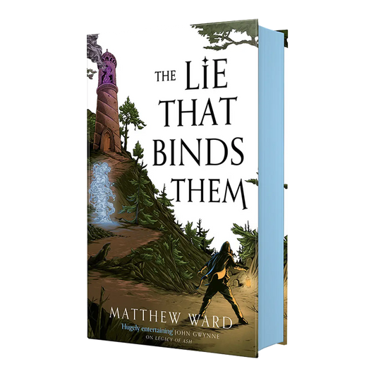 "The Lie That Binds Them" by Matthew Ward features a fantasy cover depicting a figure approaching a mystical tower in a wooded landscape.