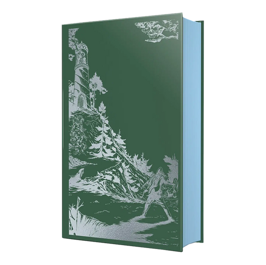 A green book with a silver illustration of a tower, trees, and a figure on the cover, featuring blue page edges.