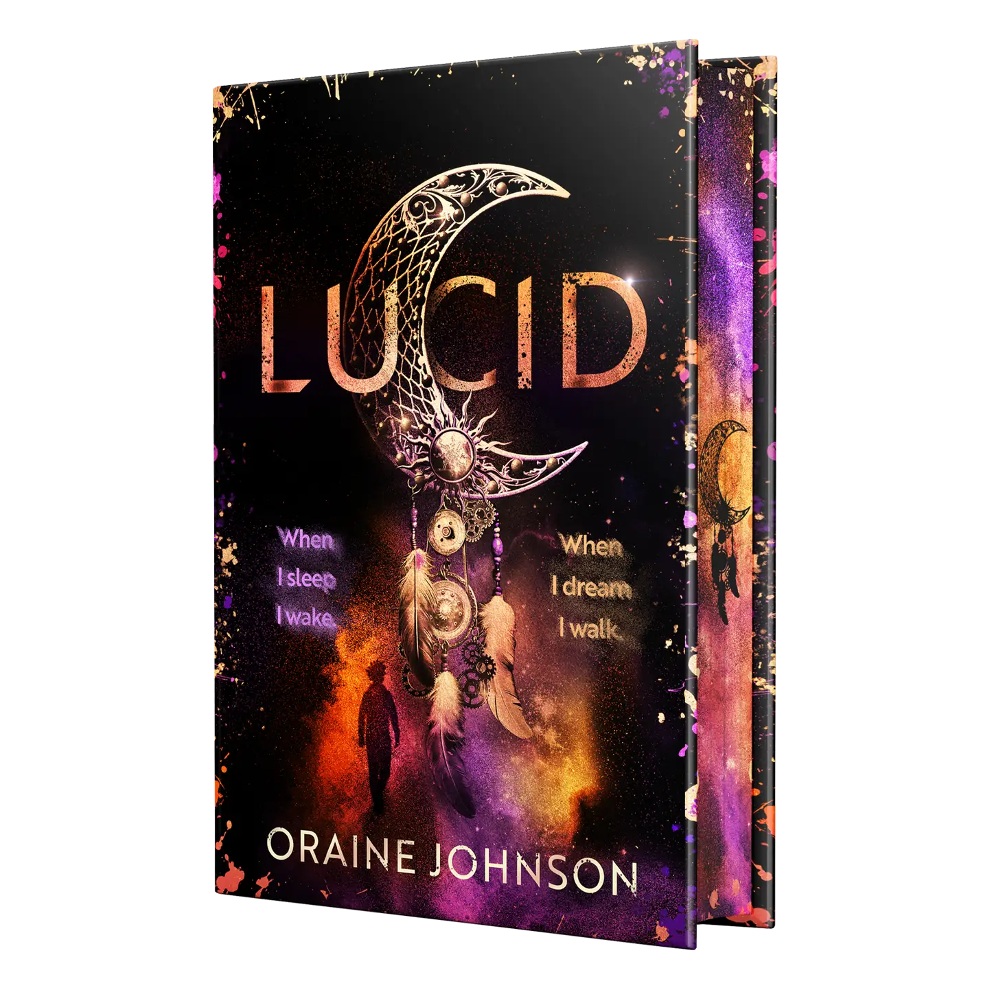 Lucid by Oraine Johnson features a captivating cover with a cosmic dreamcatcher design, appealing to fans of fantasy and dream-themed narratives.