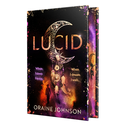 Lucid by Oraine Johnson features a captivating cover with a cosmic dreamcatcher design, appealing to fans of fantasy and dream-themed narratives.