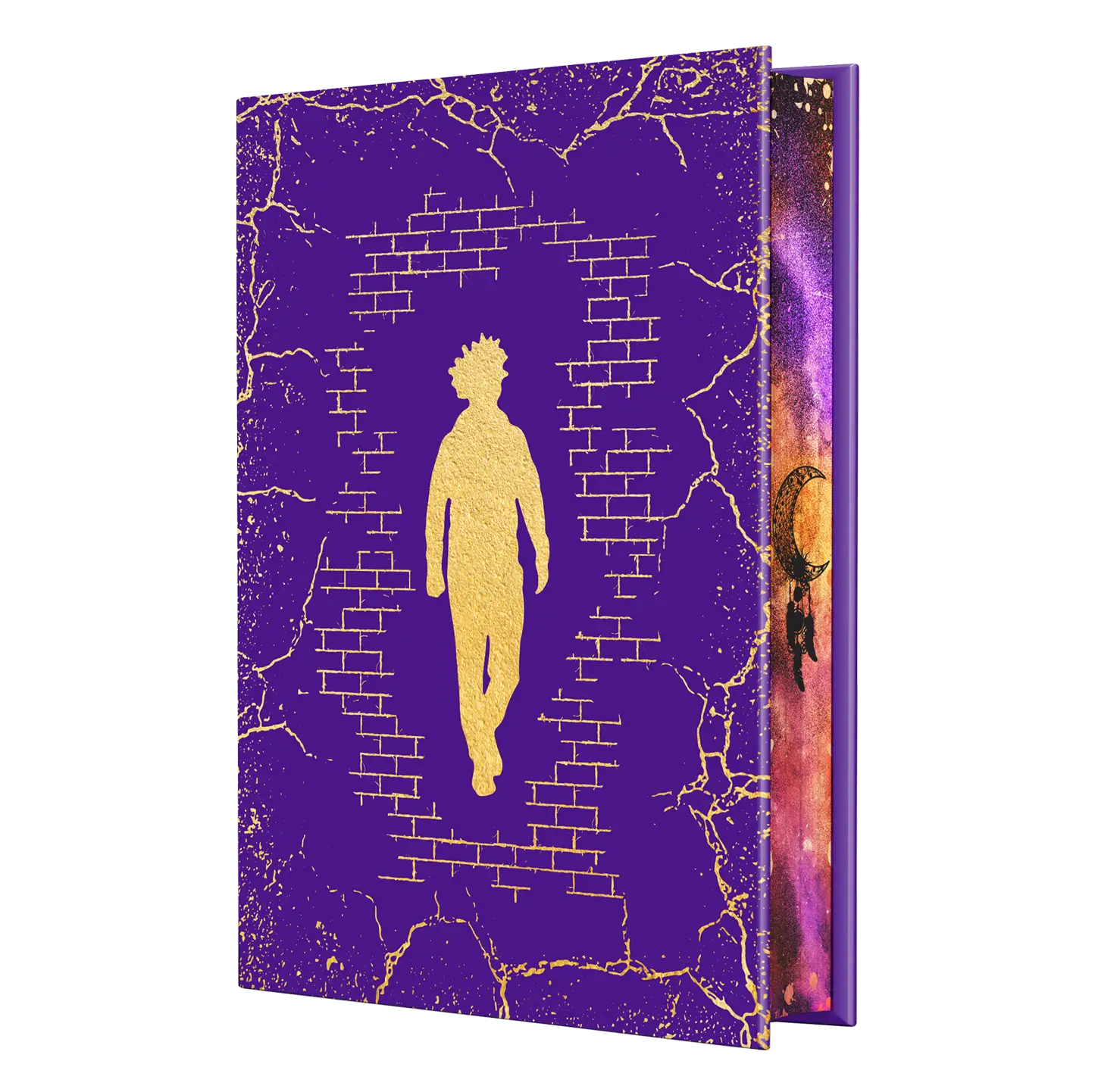 A vibrant purple book cover featuring a gold silhouette of a person emerging from a brick background with artistic side details.